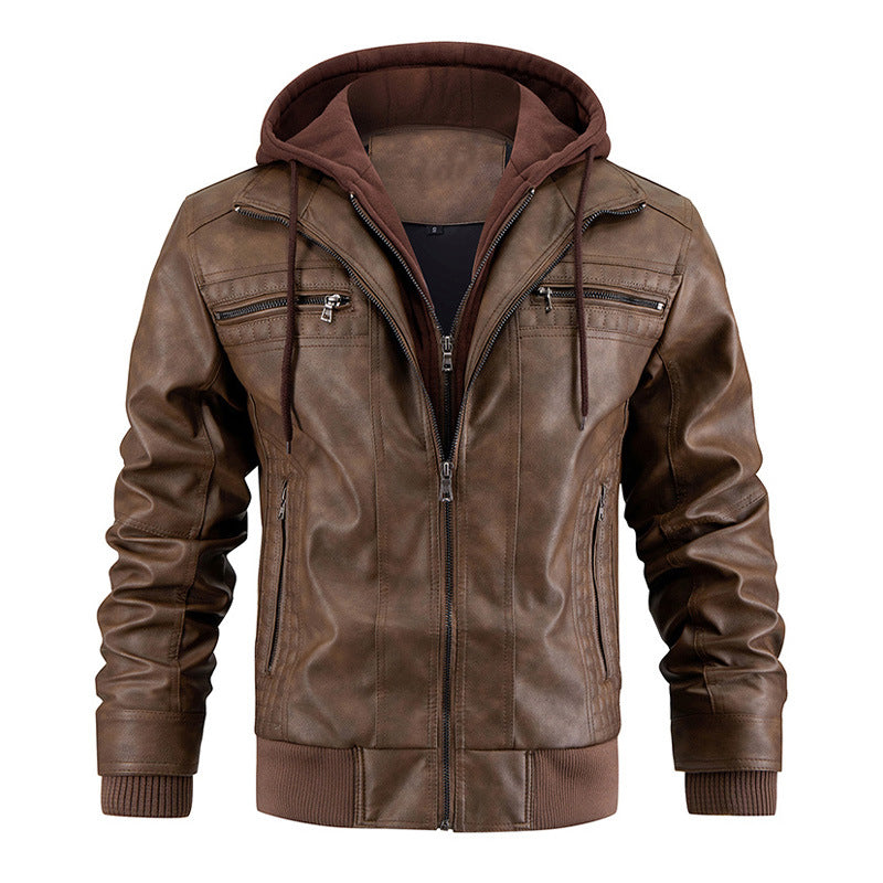 Blouson à capuche en cuir PU pour hommes avec poches zippées - Manteau chaud et tendance