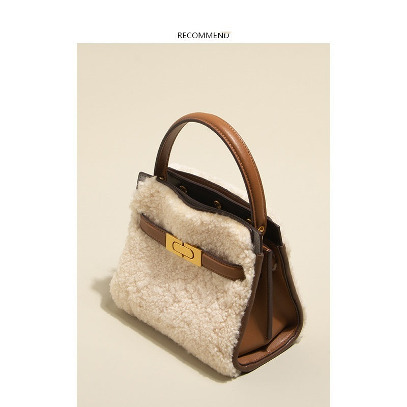 Sac bandoulière en cuir et peluche de laine d'agneau pour femmes – Mode automne-hiver