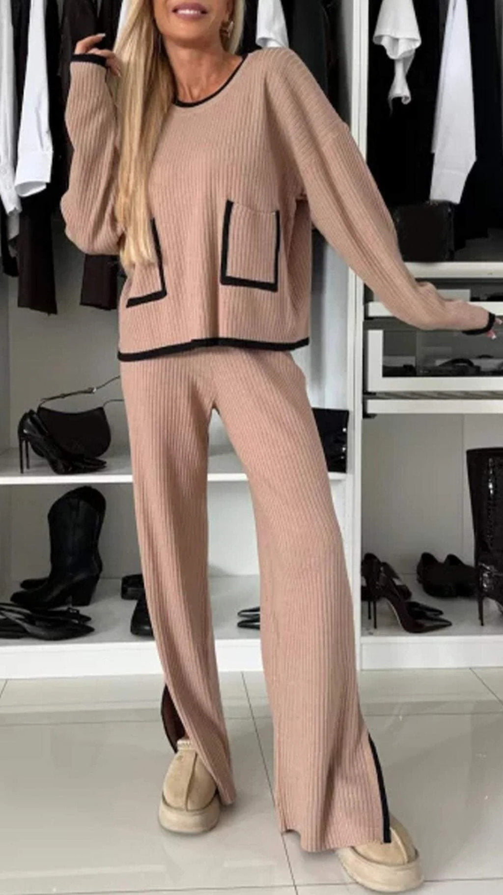Ensemble Haut Color Block à Poches et Pantalon Large pour Femme