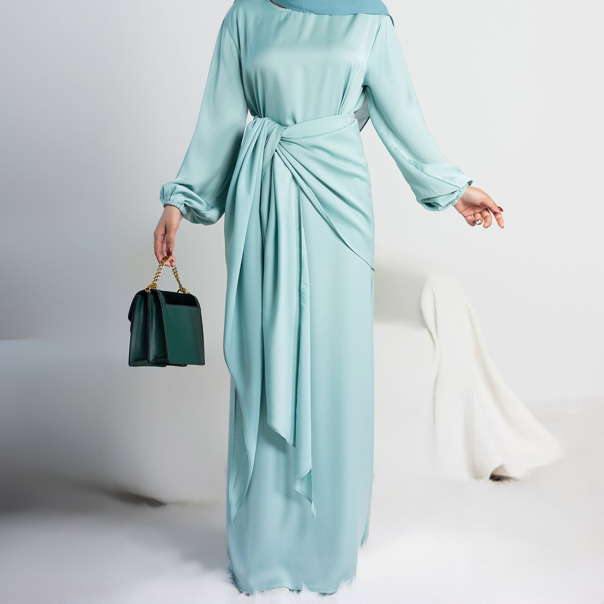 Soft Two-Piece Robe Dress with Round Neck