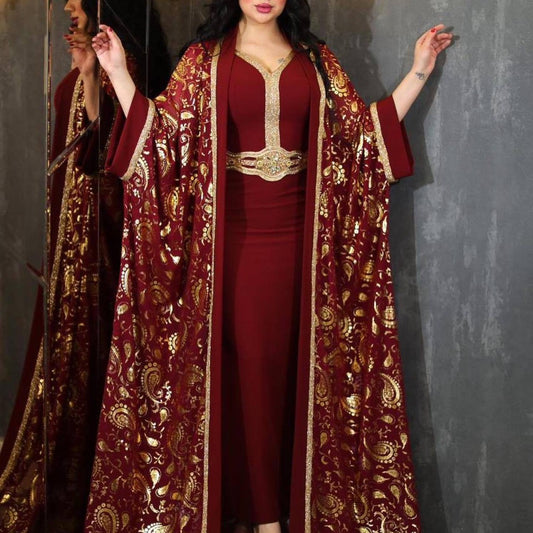 طقم فستان مطبوع مكون من قطعتين، رداء نسائي من منطقة الخليج العربي