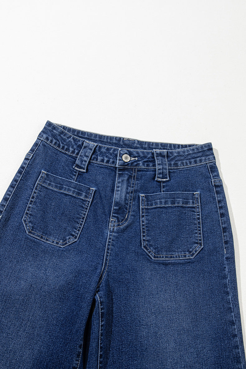 Pantalon droit femme taille haute bleu foncé style rétro
