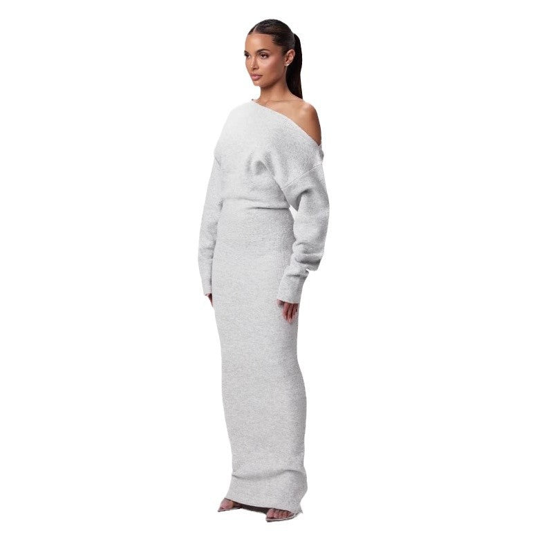 Robe de soirée moulante en maille tricotée à manches longues et col bardot