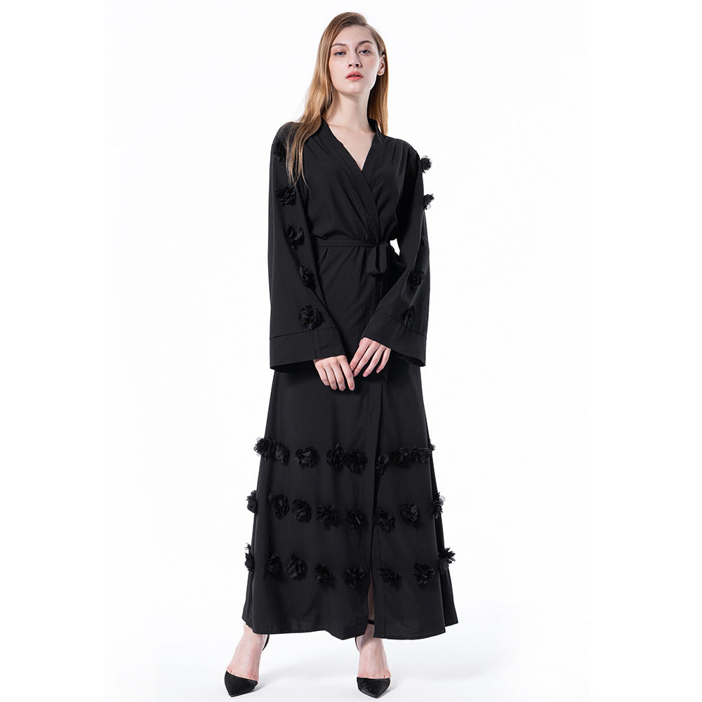 Loose Cardigan Three-dimensional Floral Lace Up Robe for Middle Eastern Women