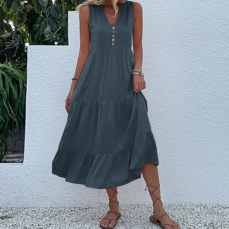 Sleeveless Loose Cotton Sundress Mid-Length Solid Colors