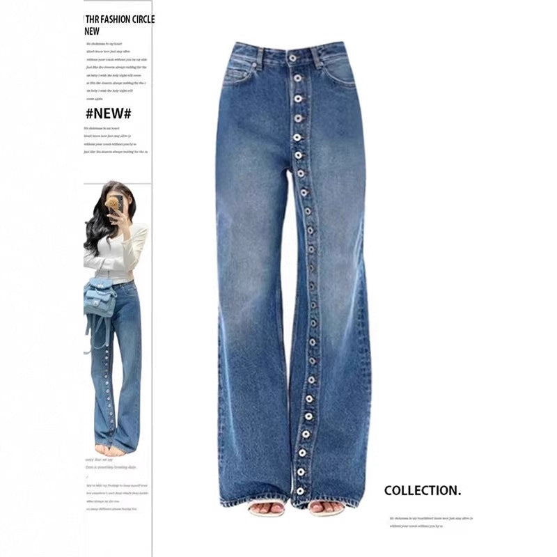 American Retro Washed Blue High-Waist Straight Denim Jeans