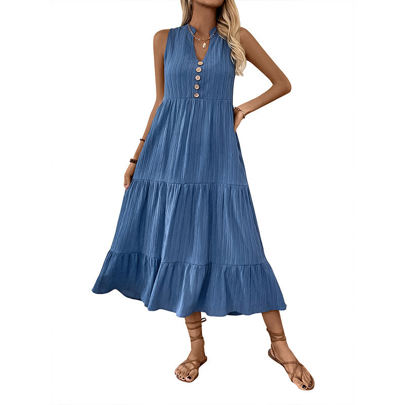 Blue Pleated Sleeveless Stand Collar Dress Mid-Length