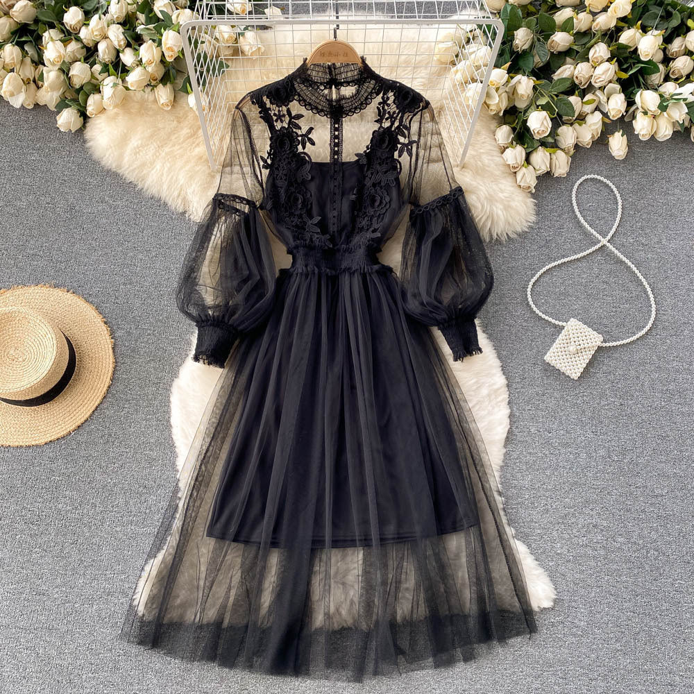 Mesh Stand Collar Lantern Sleeve High Waist Slimming Suspenders Dress
