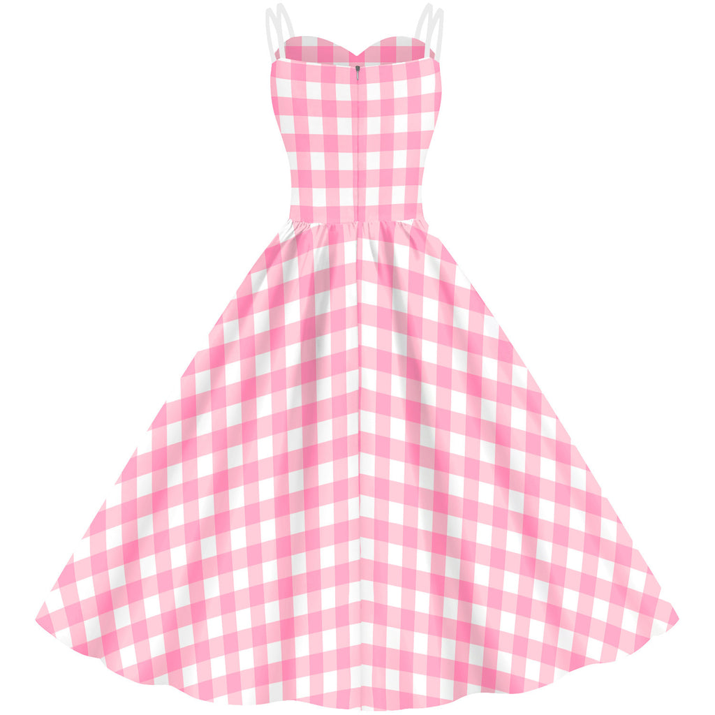 Women’s Barbie Pink Plaid Digital Print Dress