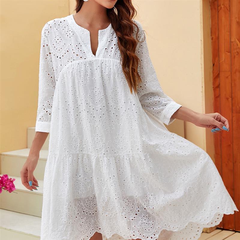 Summer White 3/4 Sleeve Lotus Leaf Print Dress