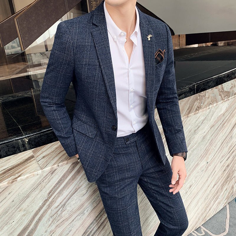 Men's Slim Fit Casual Plaid Two-Piece Suit