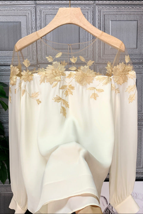 Ladies Long Sleeve Top Elegant Top White Black Retro