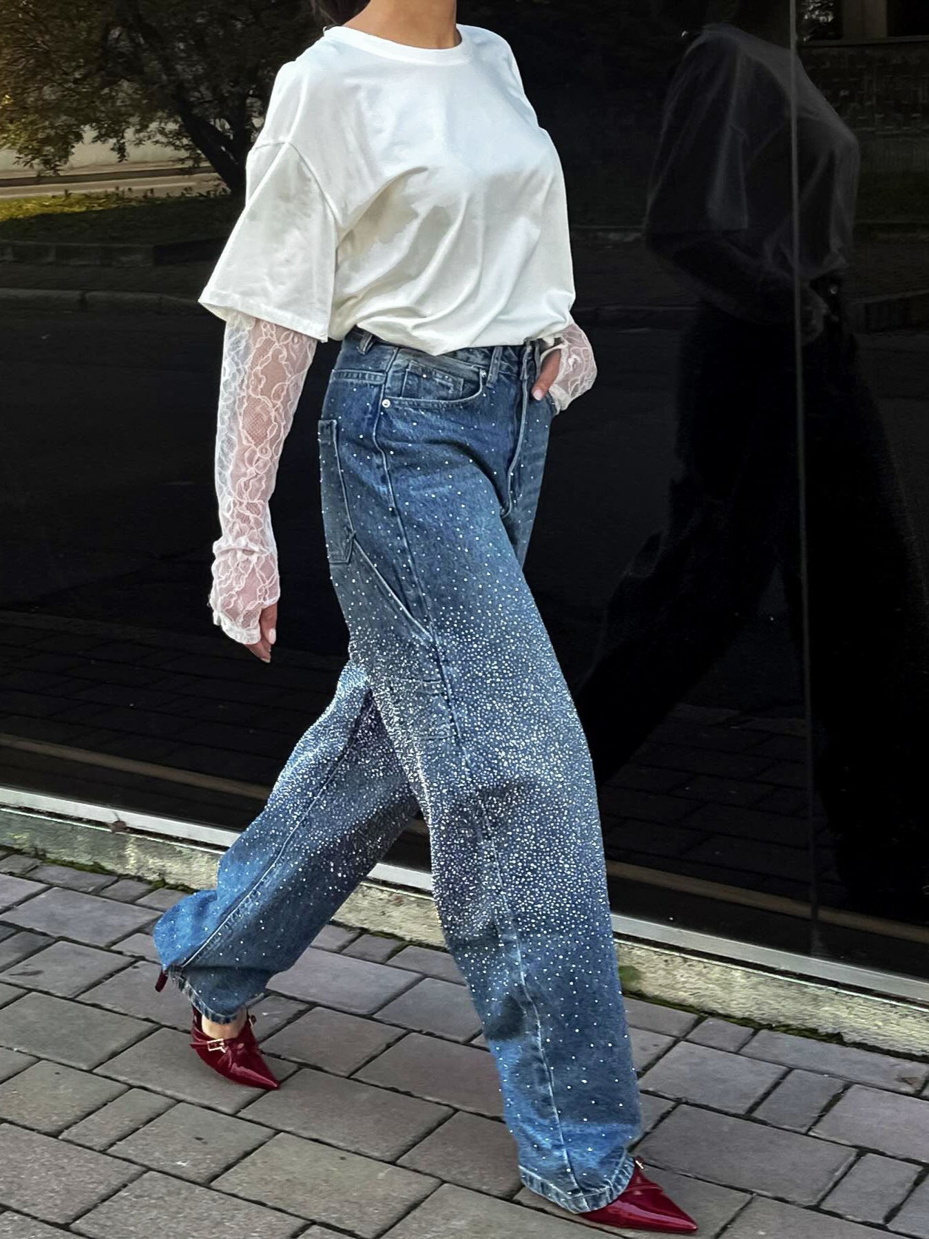 Starry Sky Rhinestone High Waist Blue Denim Straight Pants