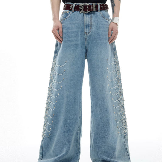 Niche Retro Washed Backbone Metal Rivet Design Jeans