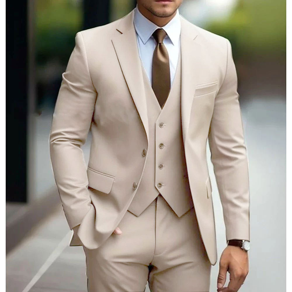 Men's Business Casual Slim Fit Three-Piece Suit Cotton Blend