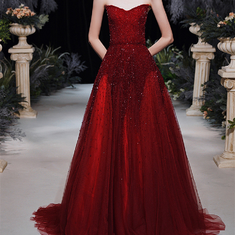 Luxury Wine Red Middle-Waist Bridal Toast Dress Long Skirt