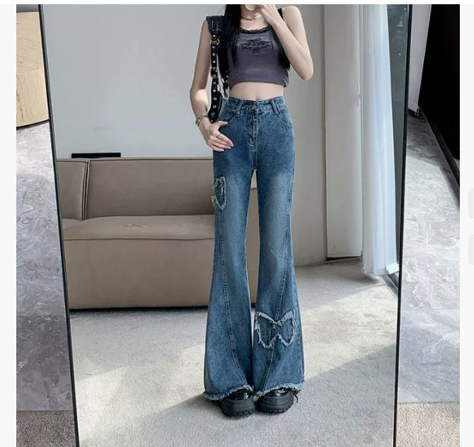 American Retro Butterfly Embroidery Slightly Flared Jeans Women