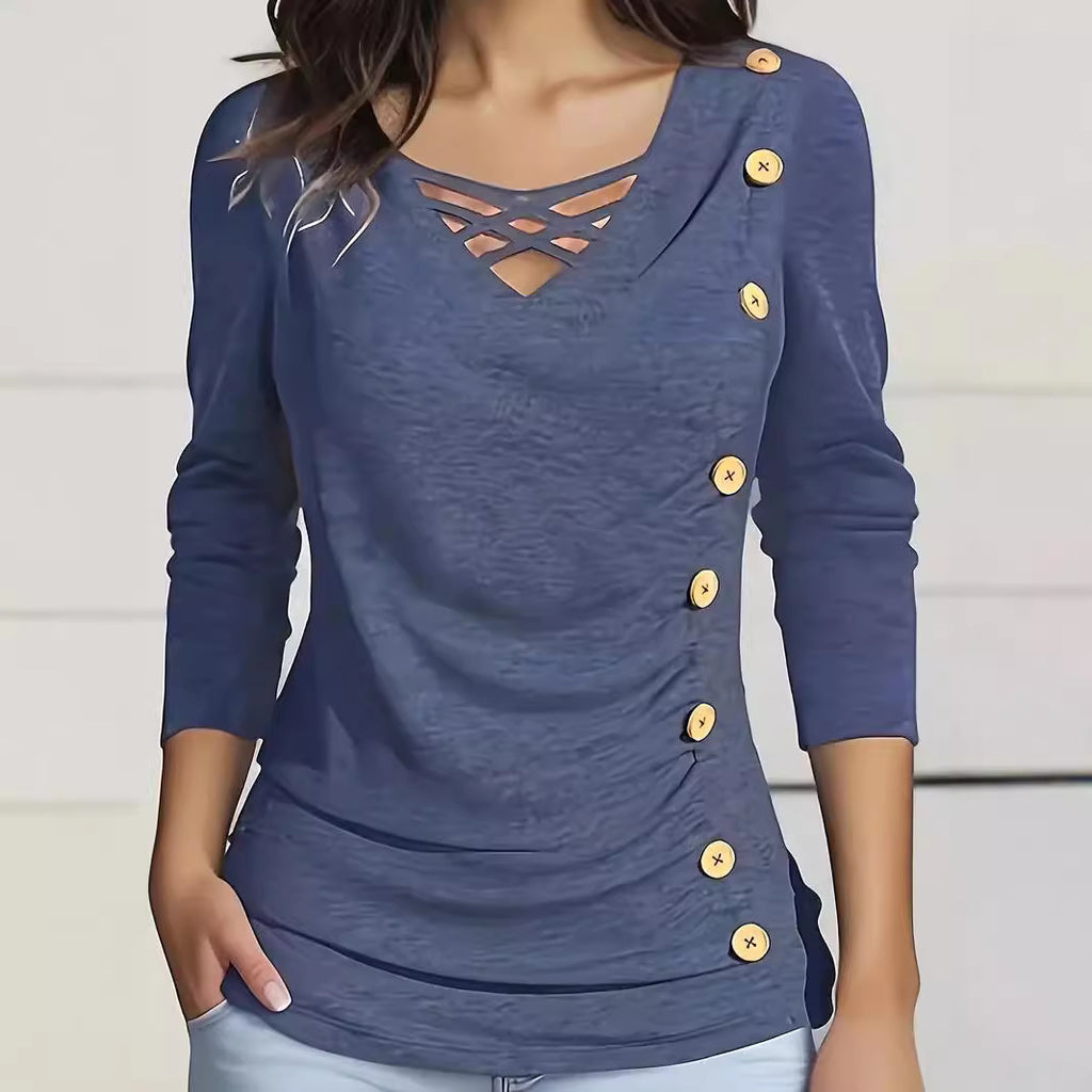 Chemisier mi-long élégant de couleur unie avec col en V, manches longues et faux boutons