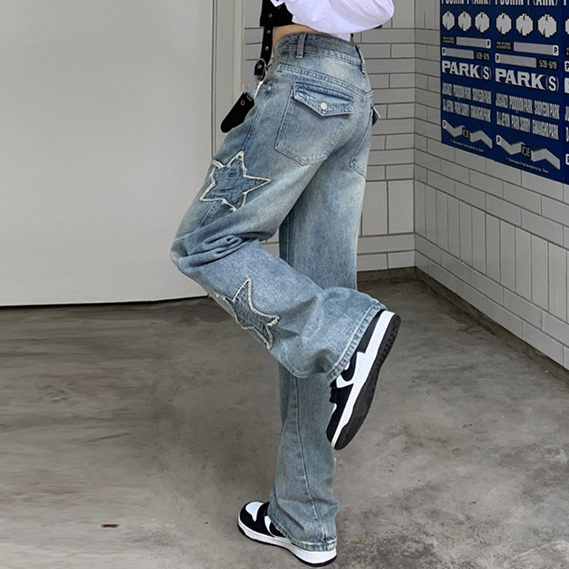 Embroidered High Waist Straight Leg Denim Jeans