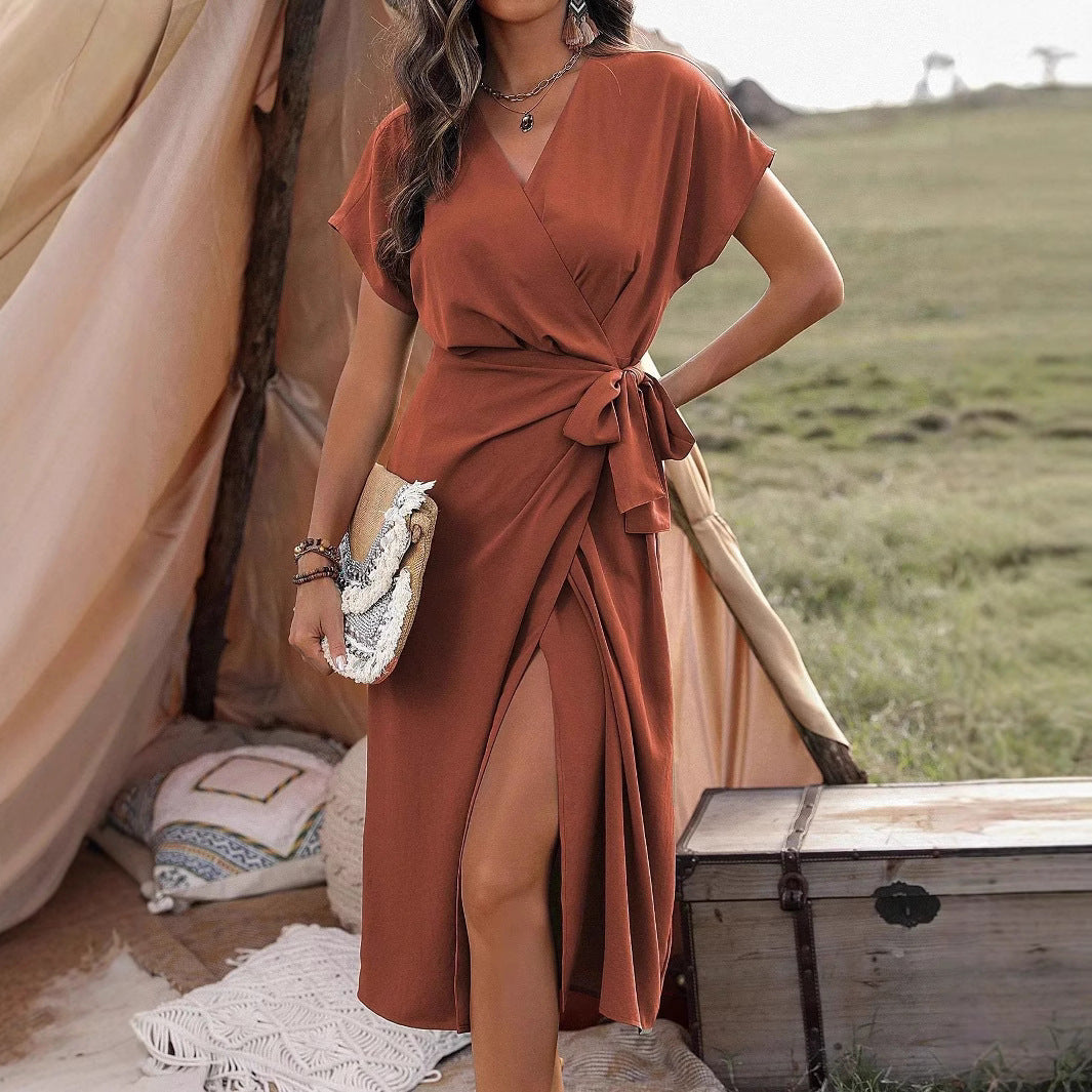 Women's Solid Color Wrap Suspender Dress Mid-Length Commuting Fashion