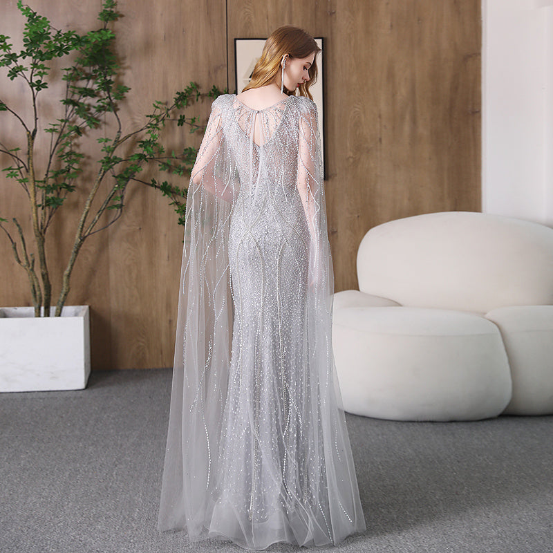 Silver Deep V-Neck Fishtail Evening Dress Slimming Banquet Gown