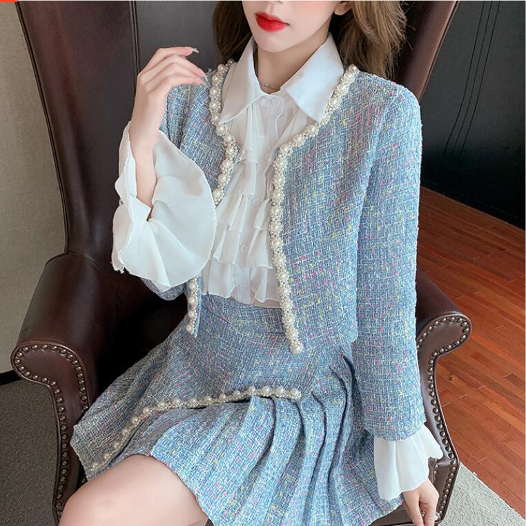Women's Tweed Jacket Pleated Shirt and Skirt Set