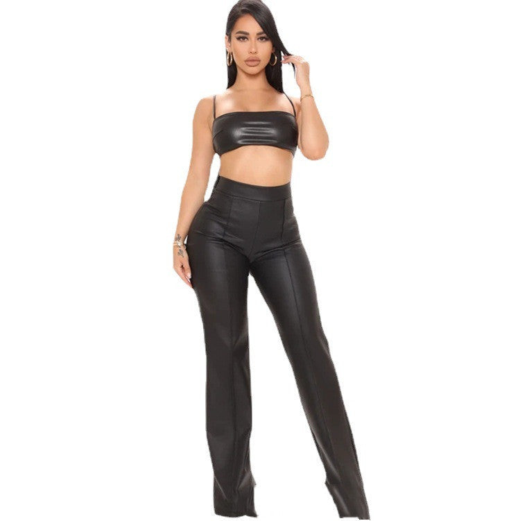 High Waist Loose Black Faux Leather Zipper Pants for Women