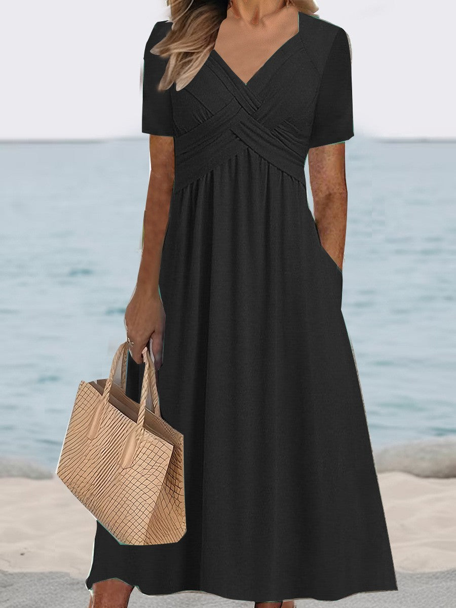 V-Neck Waist-Tight Spring Summer Dress Outerwear Nightdress in Black, Emerald, Peacock Blue, Sizes M-XXXL