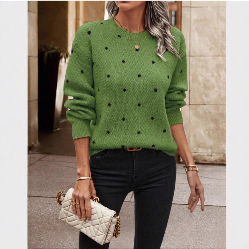 Polka Dot Print Pullover Sweater Long-Sleeve Casual Knit Top for Women