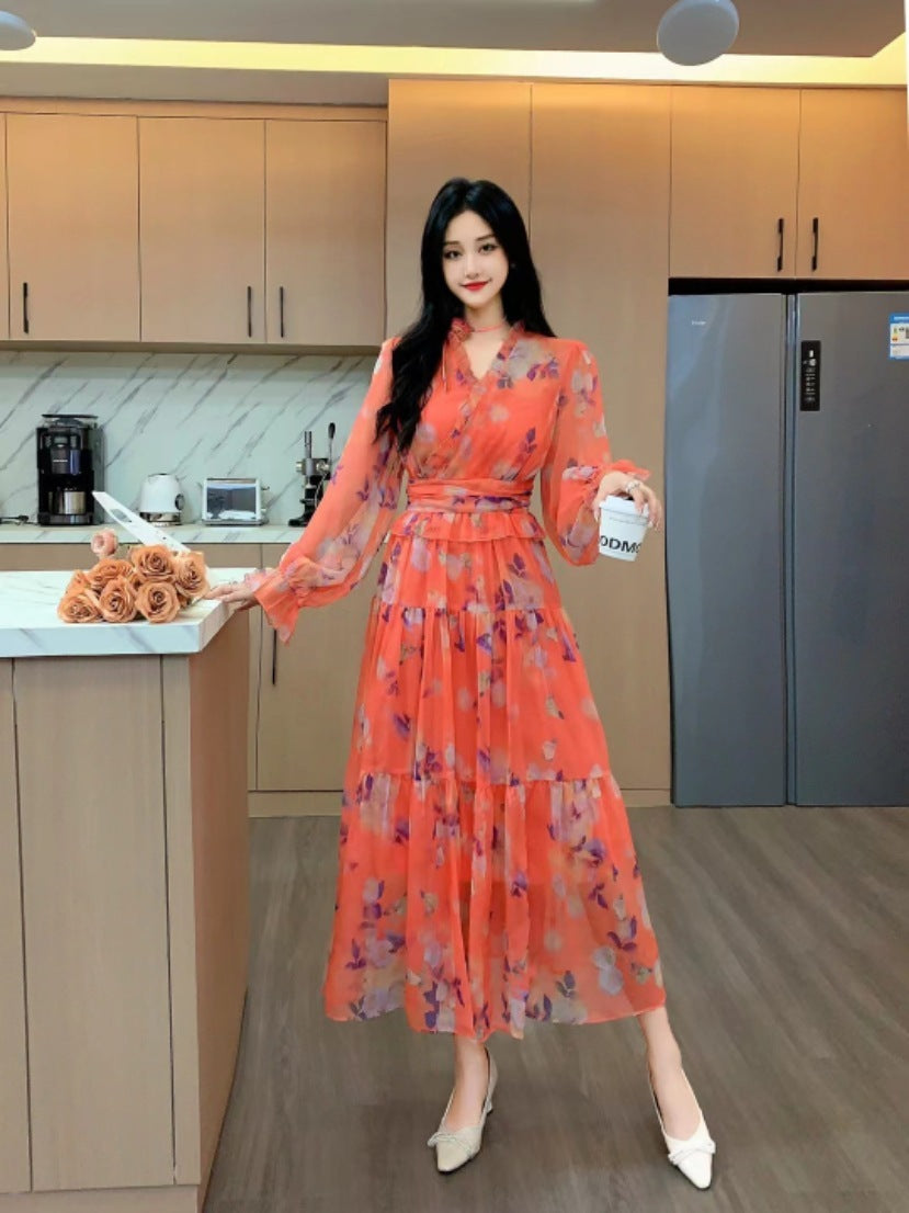 French Waist Slimming Floral Dress High Waist Free Size Polyester