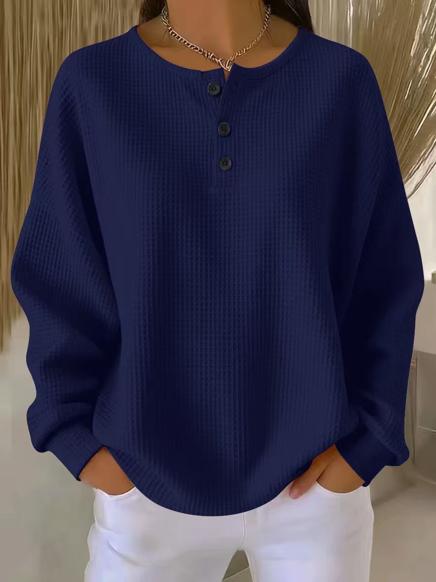 Haut pull à manches longues en tricot gaufré avec boutons, couleur unie, pour femme