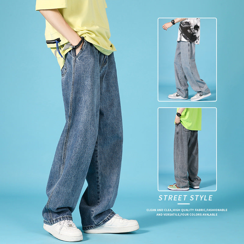 Jeans droits amples pour hommes avec fermeture éclair - Bleu clair, Noir, Bleu, Gris anthracite