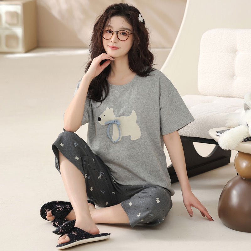 Padded Pajamas Cotton Short-sleeved Cropped Pants Suit