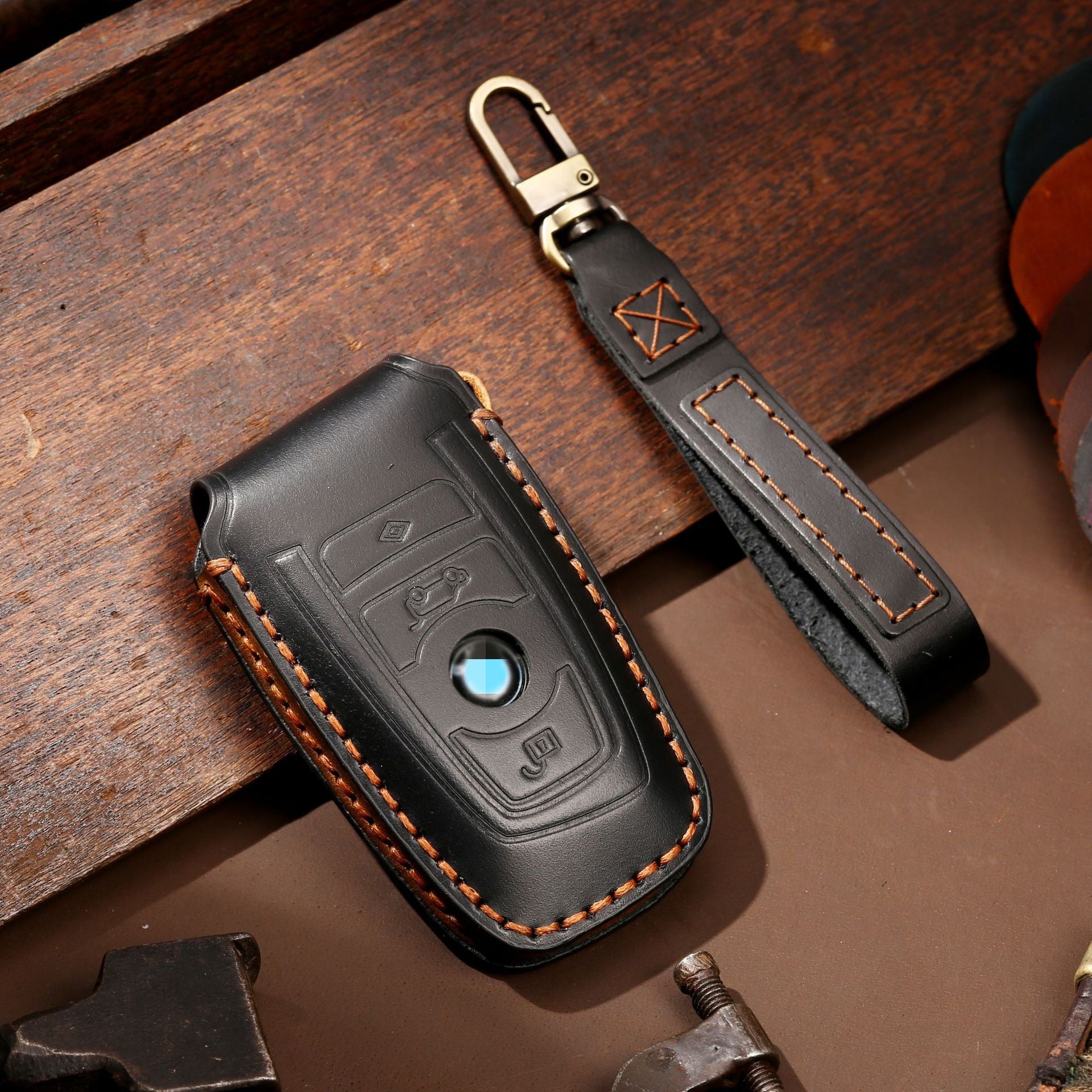 Housse de clé de voiture en cuir véritable faite à la main – Cuir de vachette haut de gamme