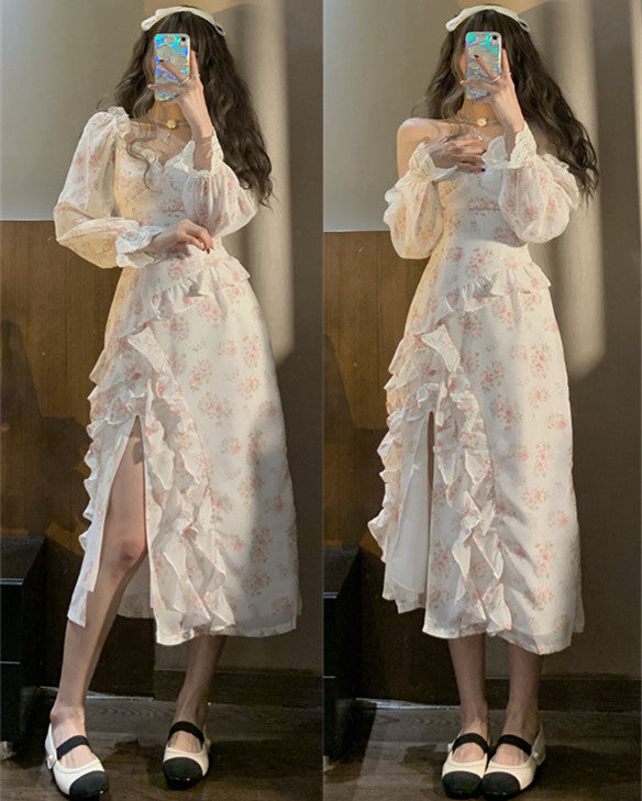 French Chiffon Floral High Waist Slim Ruffle Midi Dress