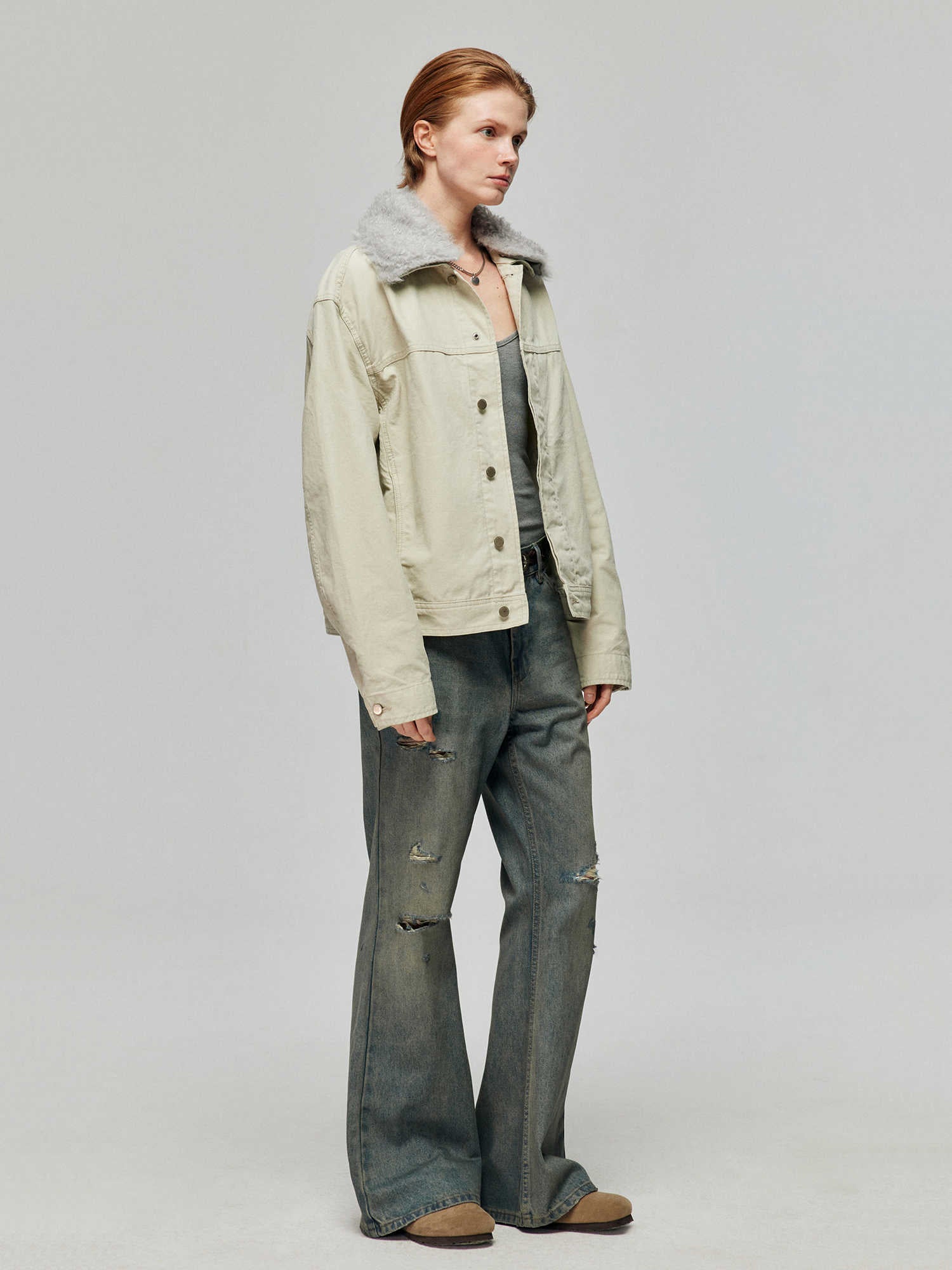 Cotton Washed Blue Retro Ripped Loose Micro-Flared Jeans Trousers