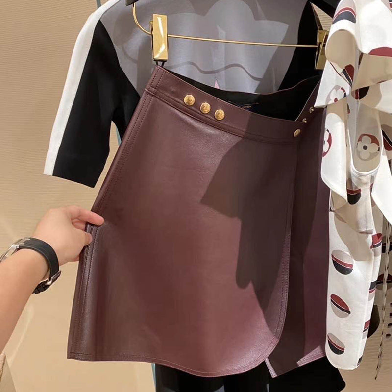 Jupe courte trapèze en cuir véritable pour femme, noire et lie-de-vin