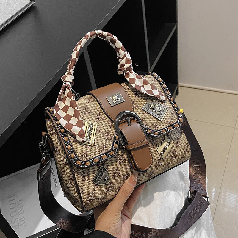 Women's Retro Printed Small Square Crossbody Bag in Khaki & Brown