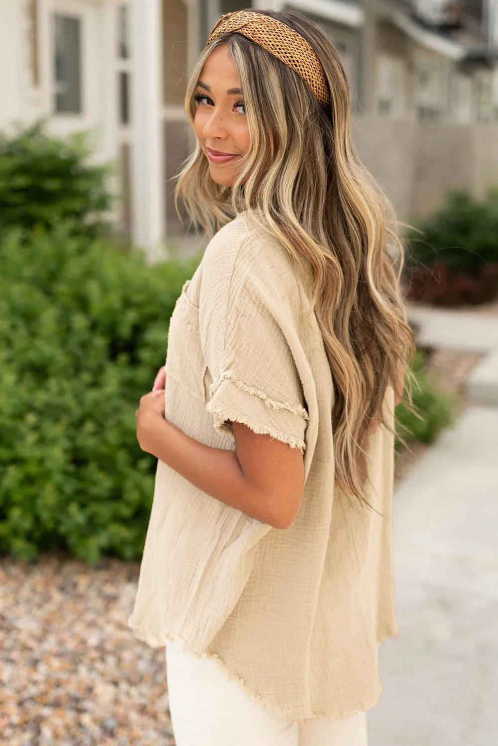 Parchment Crinkle Textured Half Button Short Sleeve Top with Frayed Trim