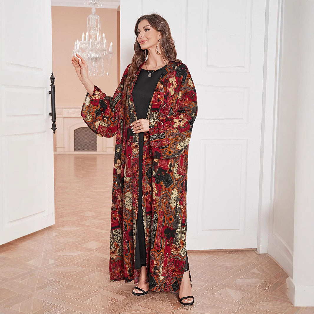 Robe châle du Moyen-Orient, style arabe, manches tombantes, imprimée