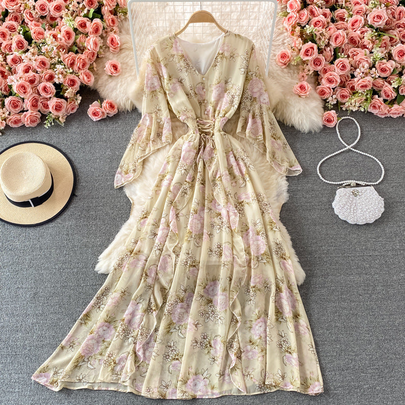 Women's V-Neck Floral Chiffon Dress One Size