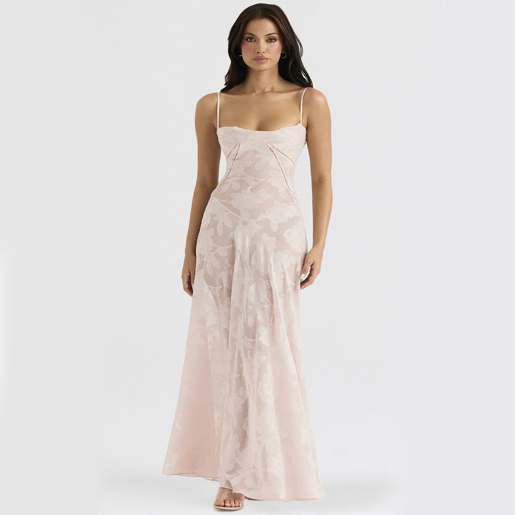 Robe Longue de Soirée Sexy en Dentelle Florale à Lacets et Bretelles pour Femme, Été, Coupe Ajustée