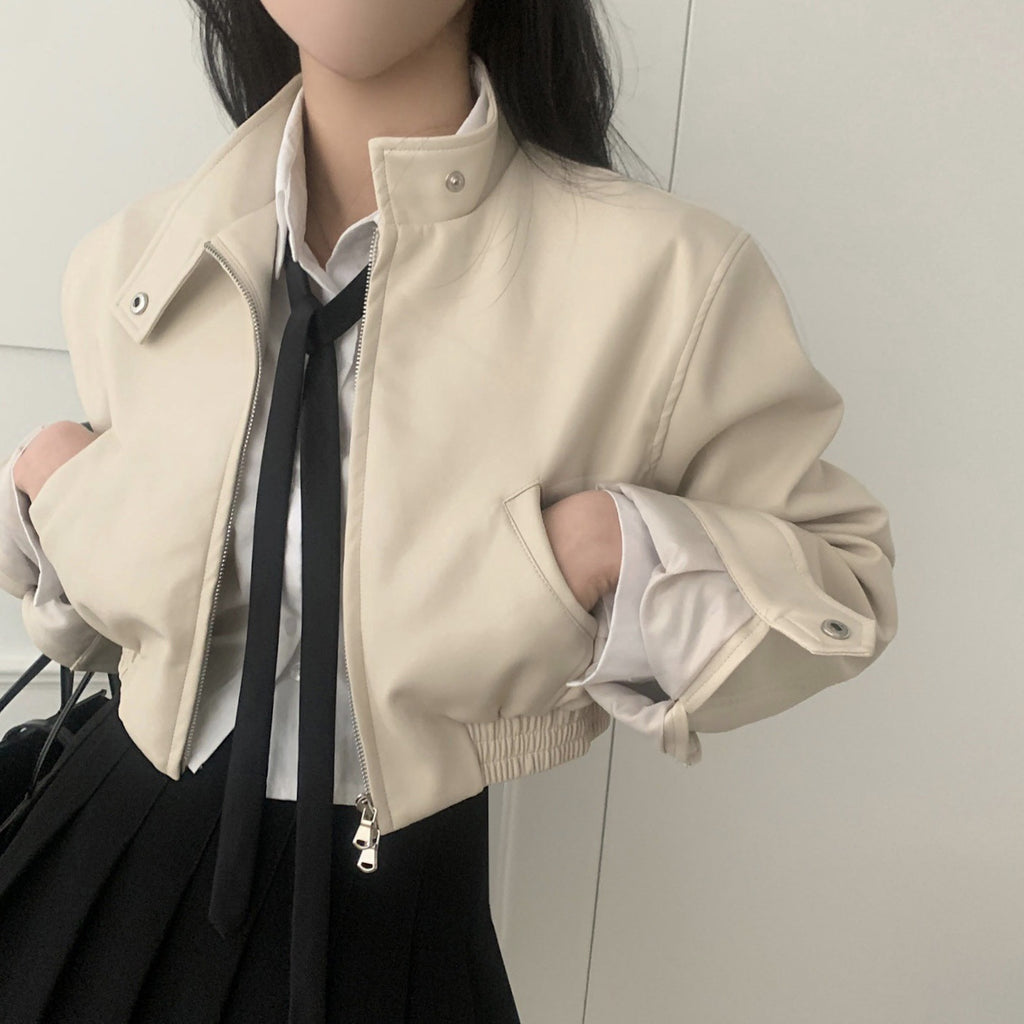 Blouson de moto en cuir pour femme, style rétro français, noir, col montant zippé, taille élastique, taille unique