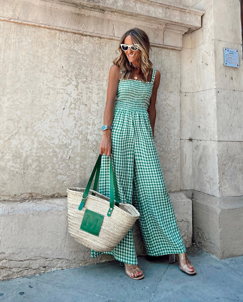 Checked Wide-Leg Trousers with Side Pockets Casual Jumpsuit