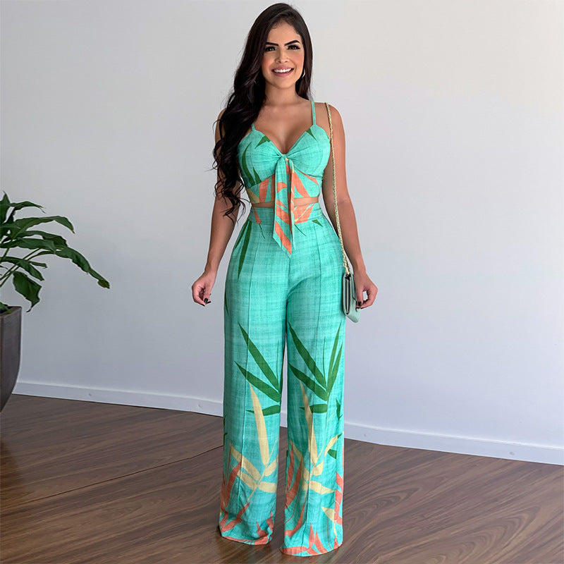 Linen V-Neck Short Vest & High Waist Wide Leg Pants Two-Piece Set