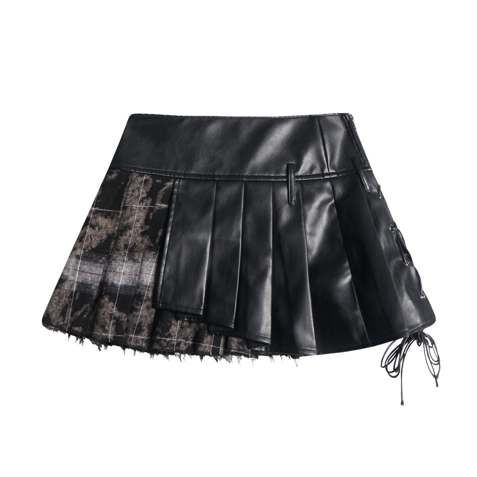 Jupe plissée en nylon noir avec surpiqûres en cuir pour femme