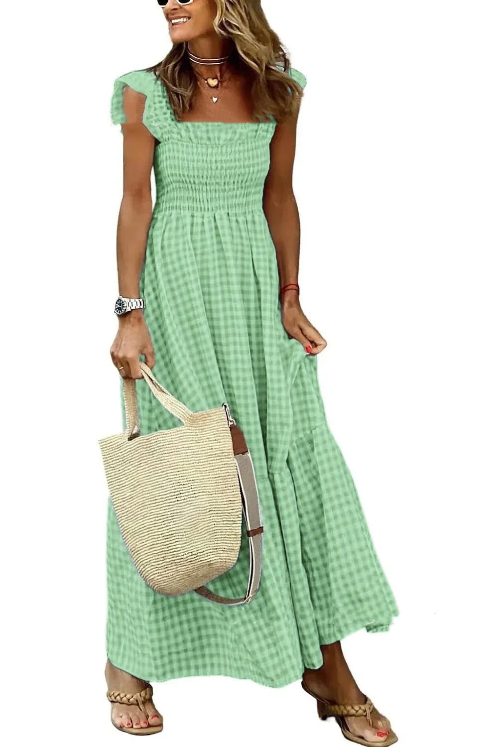 Robe de plage sans manches plissée à volants et motif à carreaux d'été pour femme