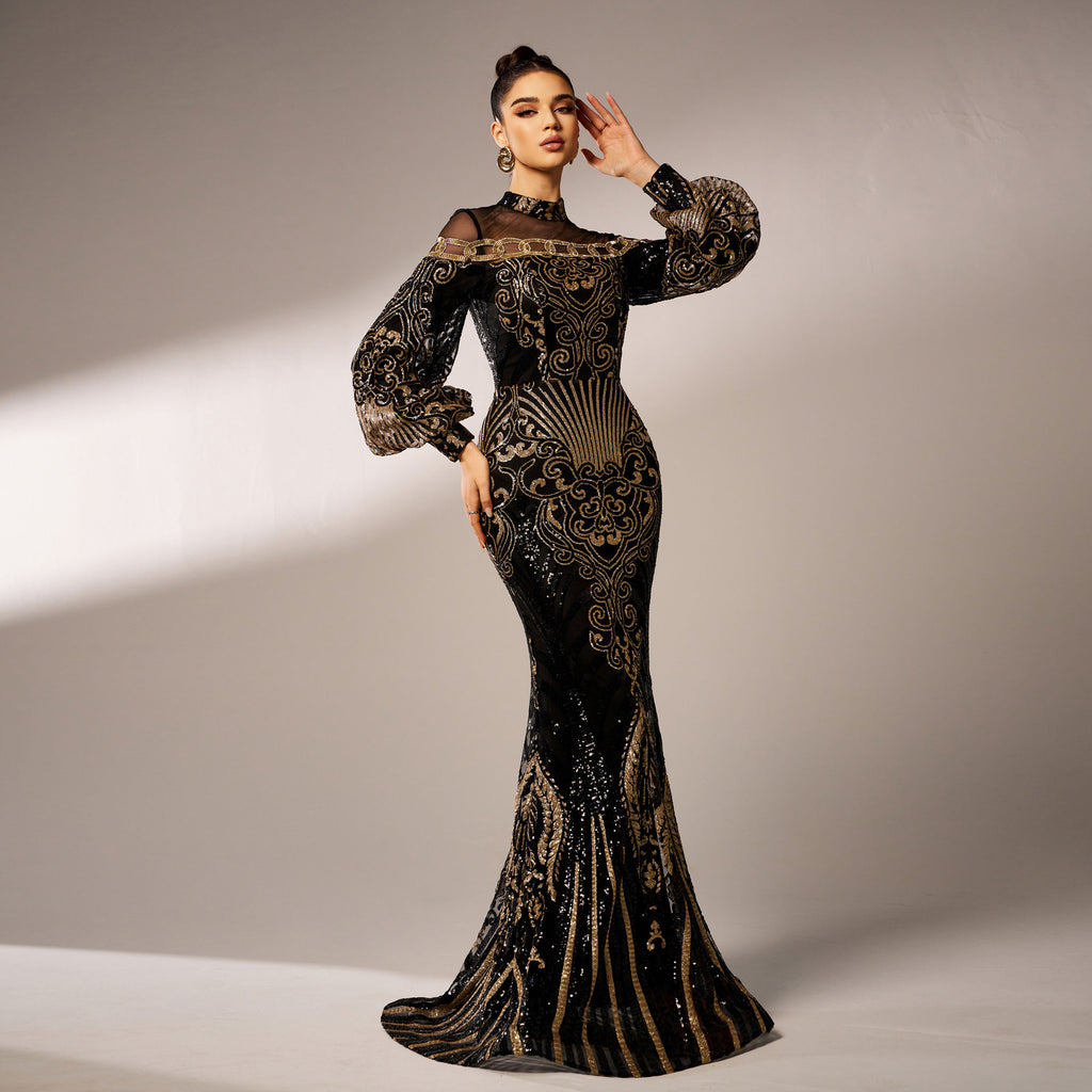 Robe de soirée sirène longue noire à manches longues, col rond et maille à paillettes