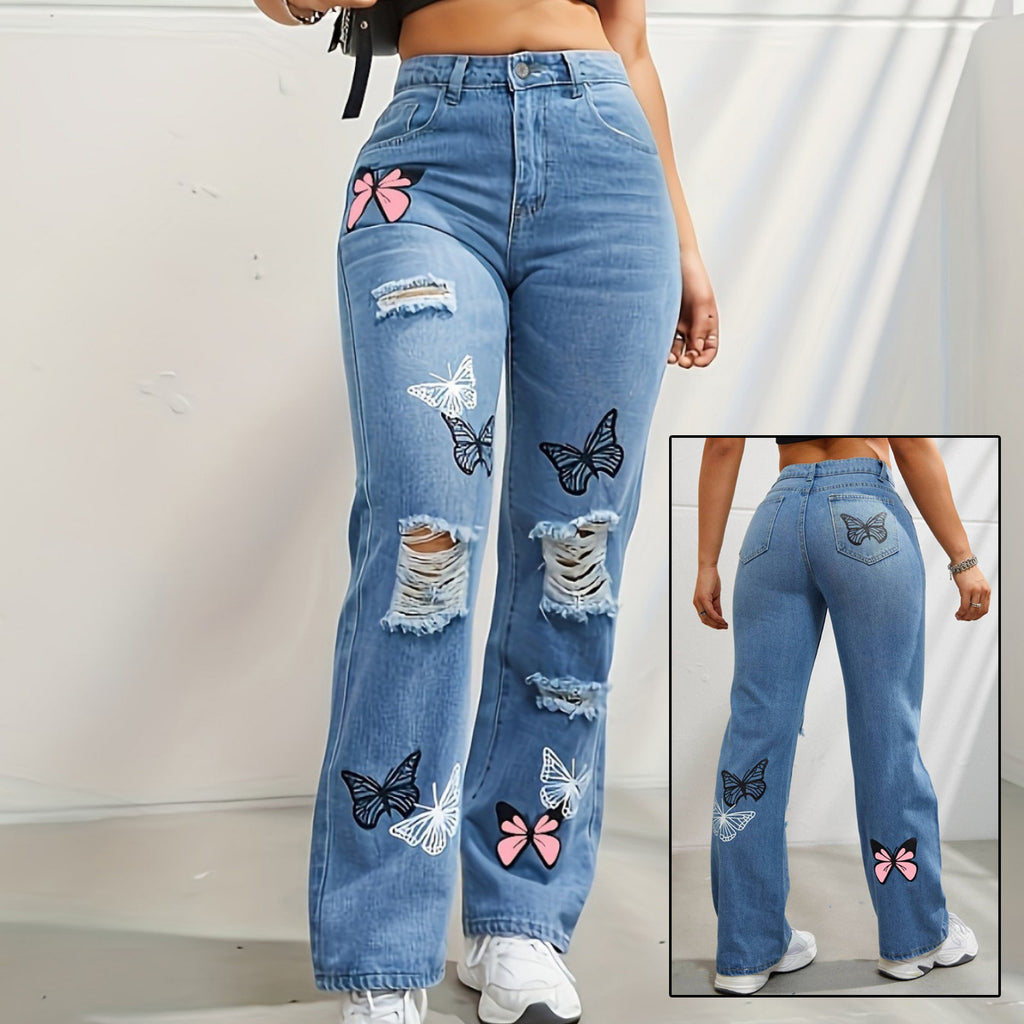 Jean droit taille haute en denim bleu pour femme avec imprimé papillon et déchirures usées
