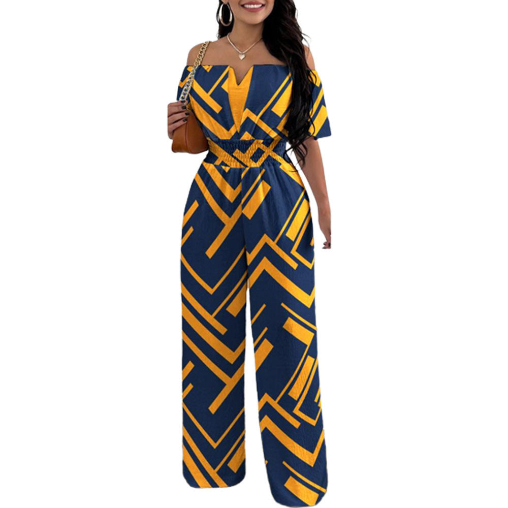 Women's Off-Neck Waist-Trimmed Loose Straight Jumpsuit